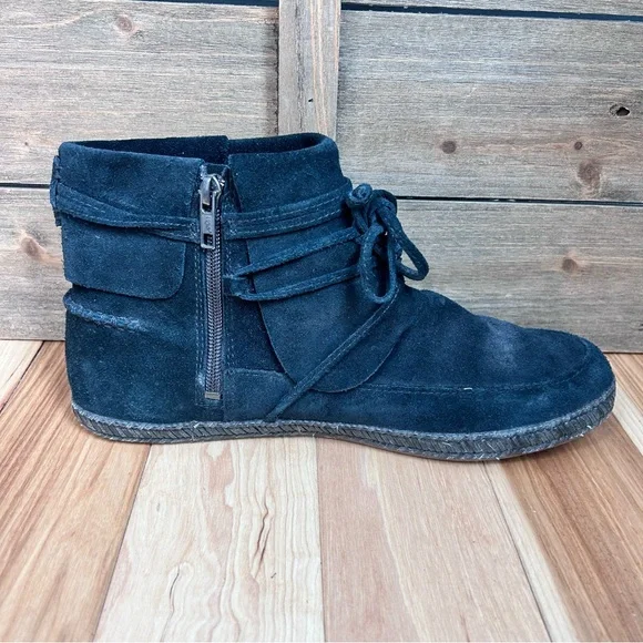 UGG Reid Moc Black Suede Booties Leather Details Sheepskin Wool Treadlite Sz 10 - Picture 13 of 14